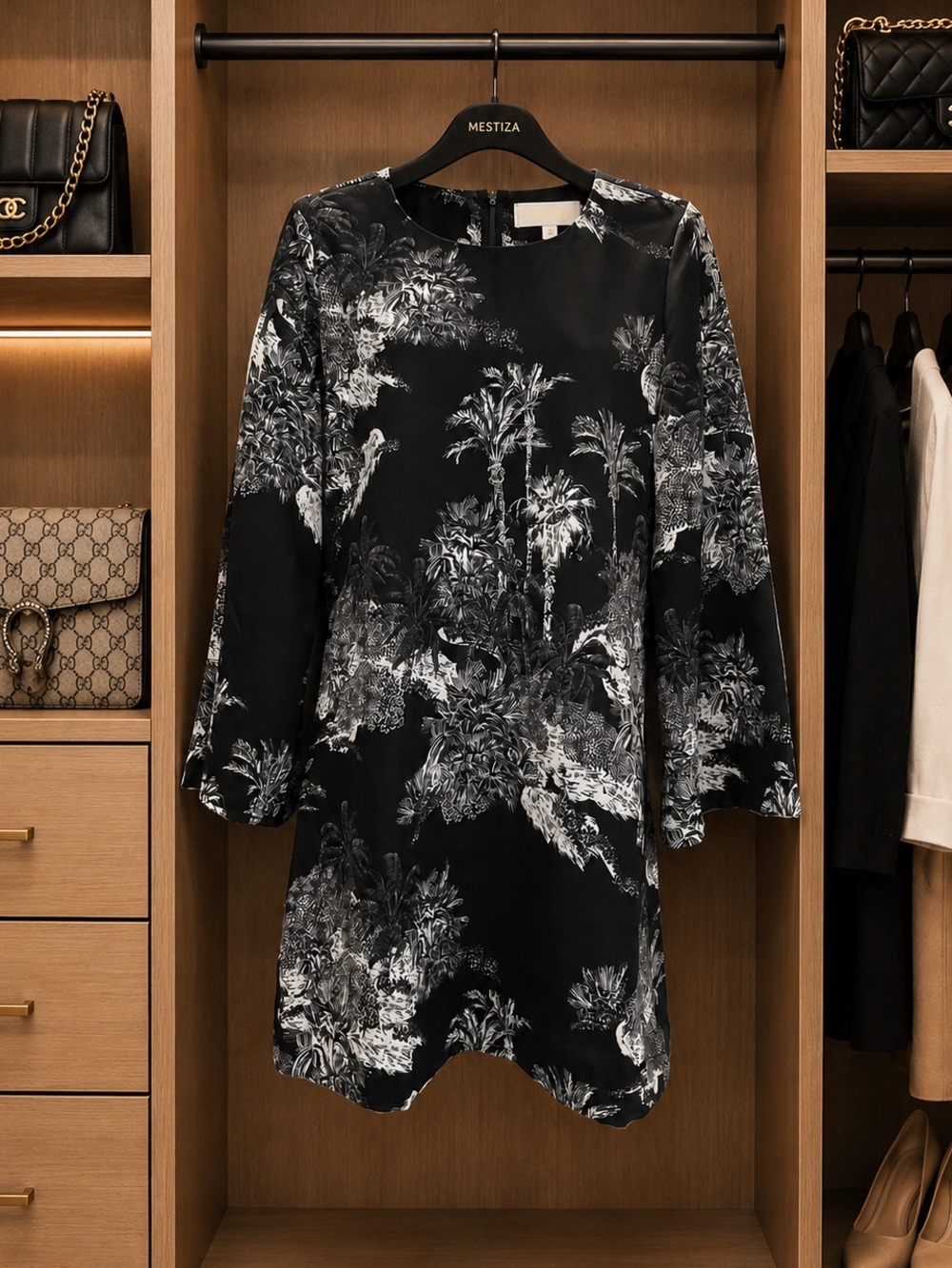 Mestiza New York Palm Toile Bell Sleeve Shift Dress Navy Ivory Size Small (NWOT)
